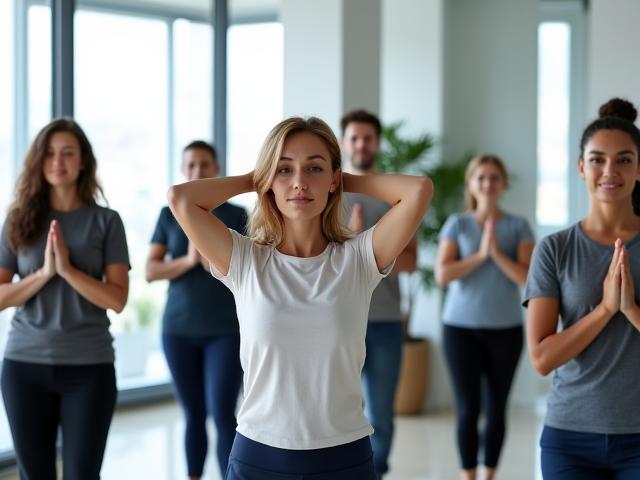 Diverse group of office workers doing yoga in a corporate setting, looking relaxed and focused